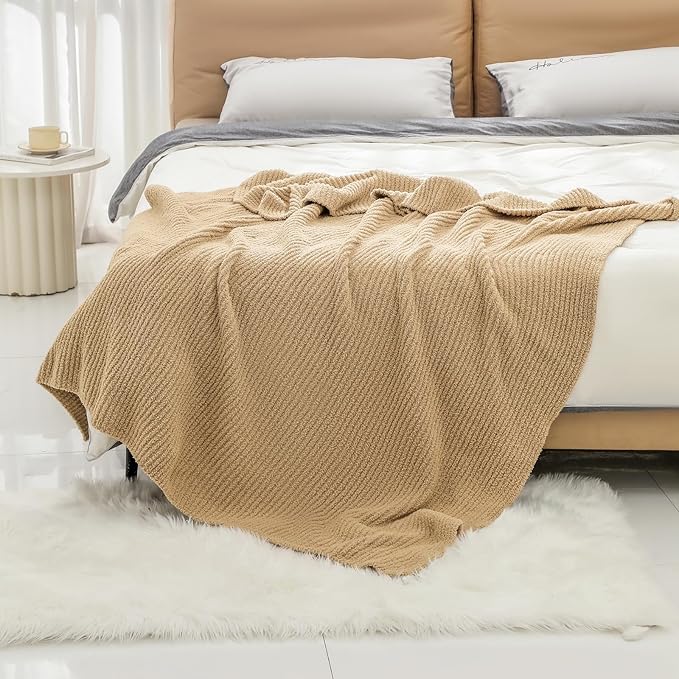 bearberry Soft Rib Knit Blanket Thin Warm & Breathable - Snuggly Minky Throw for Everyday Use, Travel, Chair | All-Season Machine Washable for Couches, Gifts, Family (Camel, 50”x60”)