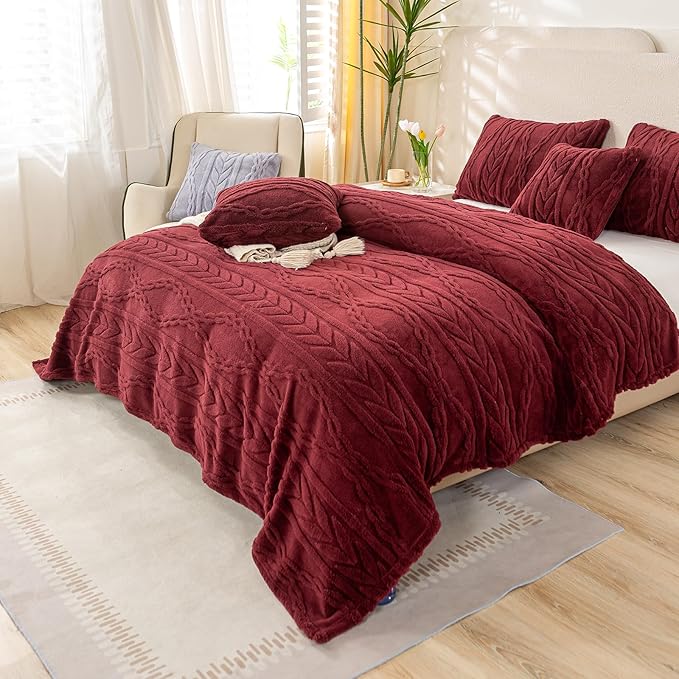 YUSOKI Sherpa Queen Size Blanket(Without Pillows)-3D Stylish Design Super Soft Blankets for Teen Girls Women Couch Bed Sofa Chair Men Boys Gift(Burgundy Red,90"x90")