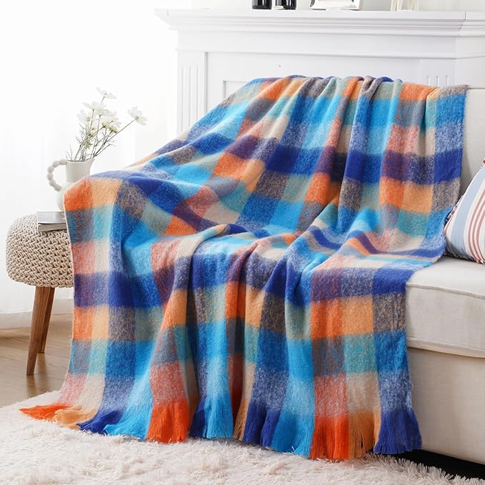 BATTILO Colorful Plaid Throw Blanket for Couch Bed, Fall Blue Plaid Throw Blanket with Vibrant Colors,Super Soft Cozy Cashmere Mohair Tartan Plaid Blanket for Fall Decor Home Decor(50"x60")