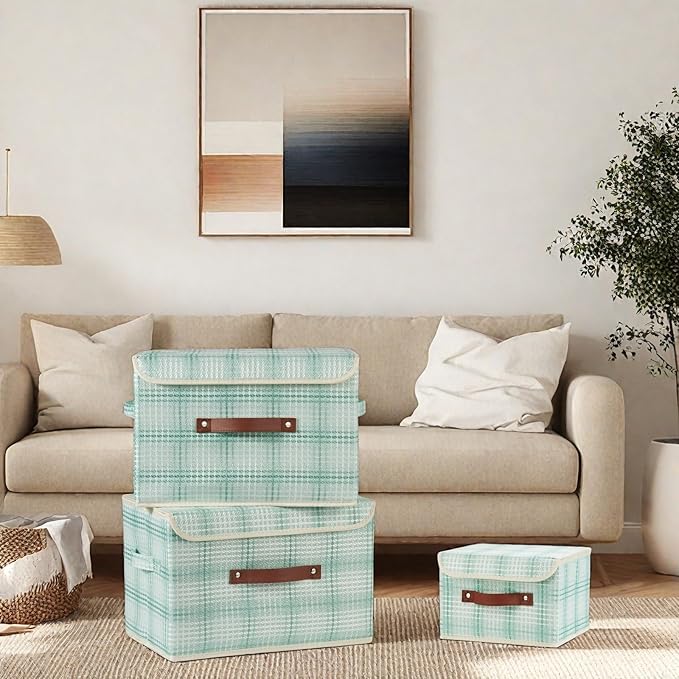 Storage Boxes with Lid 3D Textured Fabric Storage Bins Closet Organizer Containers Decorative Collapsible Washable Shelf Baskets with Faux Leather Handles (Mint Green, Small Size)