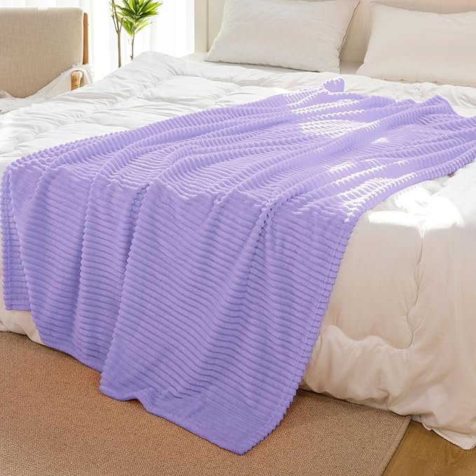 Vessia Flannel Fleece Striped Bed Blanket Twin Size(60x80inch,Lavender), 300GSM Microfiber Light Purple Comfy Home Decor, Soft Warm Cozy Lightweight Ribbed Lilac Blanket for All-Season