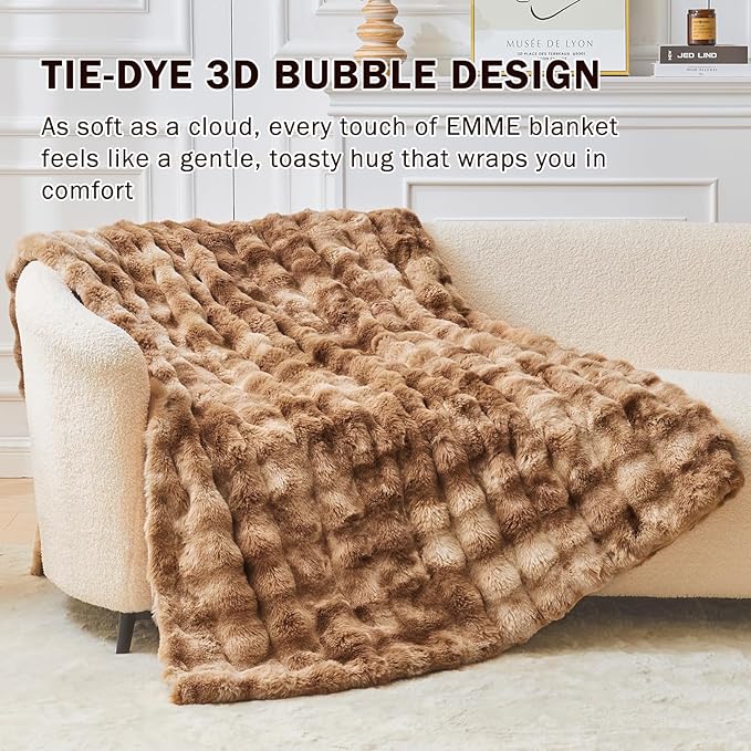 EMME Faux Fur Blanket Queen Size Tie Dye Brown - Big Bubble Rabbit Cozy Blanket for Couch, Thick Furry Plush Shaggy Blankets, 650GSM, 90x90 Inches
