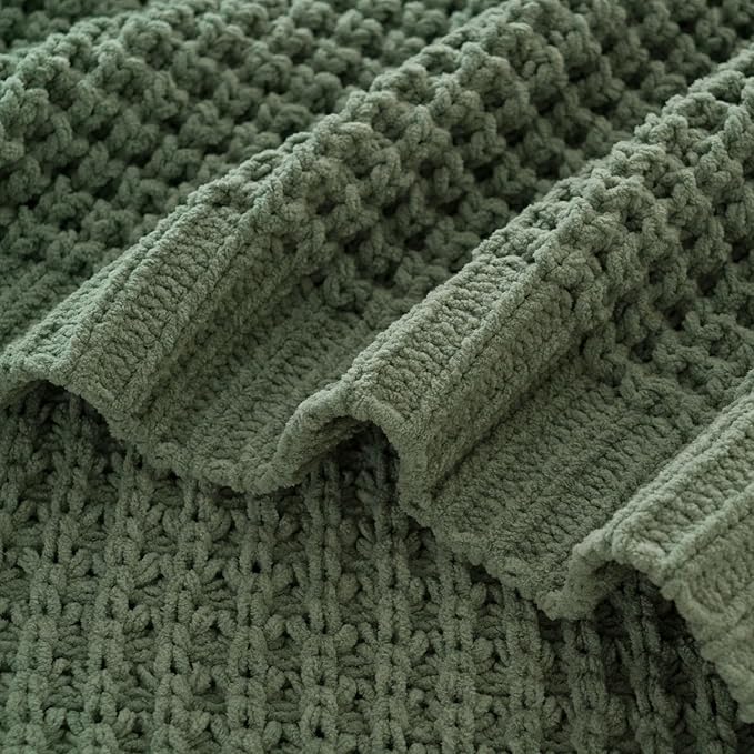 Bunnikins & Clover Knitted Waffle Throw Blanket 50x60 Inches, Sage Green Throw Blanket for Couch, Soft Cozy Chenille Knit Blanket Warm Decorative Throw for Sofa