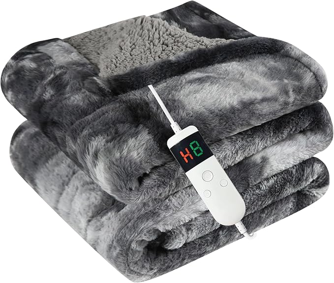 Electric Heated Blanket Queen 84''x90''Size Faux Fur Heating Blanket 10 Heating Settings, 1-8h Timer & Overheat Protection, Machine Washable, Soft Flannel and Sherpa Full Body Warmth