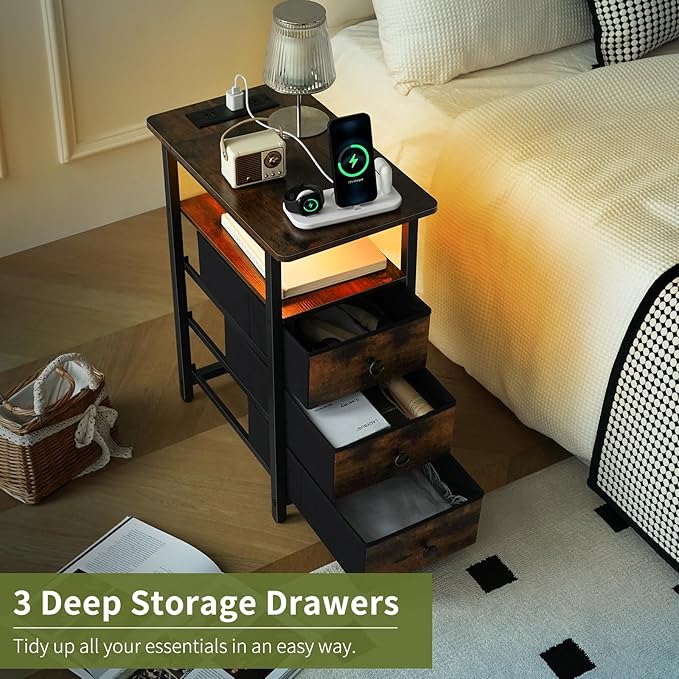 Yoobure End Table with Charging Station, LED Narrow Side Table Bedside Table, Small Night Stand End Tables Living Room, Skinny Nightstand with 3 Fabric Drawers, Side Tables Bedroom for Small Spaces