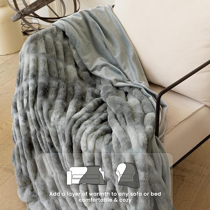 Ultra Soft Faux Rabbit Fur Throw Blanket, Cozy Fuzzy Blanket for Couch Bed, Plush Warm Decor Gifts, Luxury Thick Fluffy Blanket for Women, 50x60 inches, Tie-Dyed in Gray
