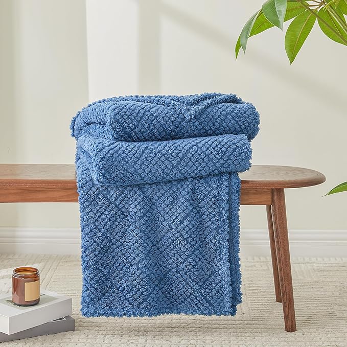 EMME Fleece Blanket, 3D Jacquard Throw Blanket for Couch and Bed, Soft Cozy and Fluffy Blankets Lightweight Luxury Flannel with Waffle Design (Navy Blue, 60" x 80")