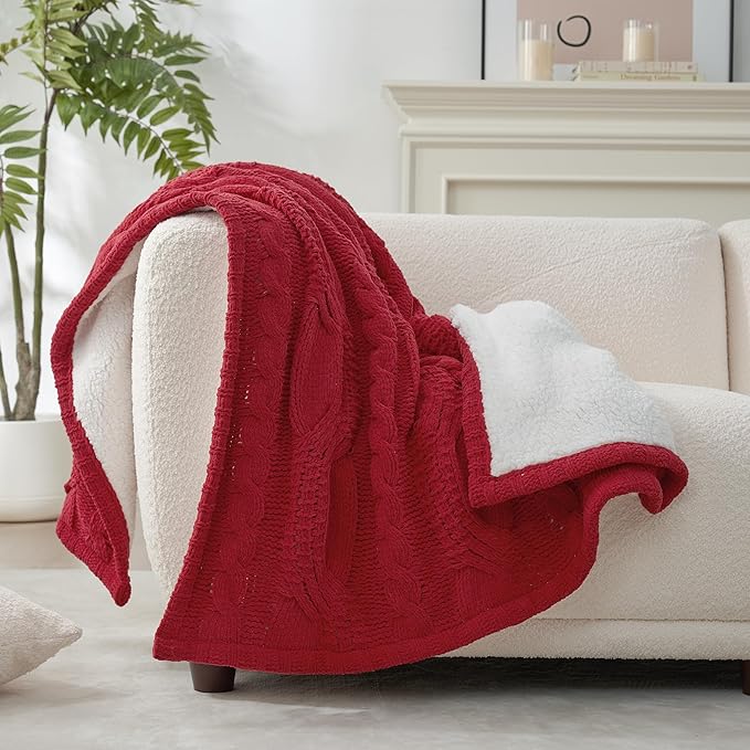 Amélie Home Cable Knit Throw Blanket for Couch, Chenille Sherpa Soft Cozy Throw Blankets for Sofa Chair Comfortable Home, 50"x60", Red