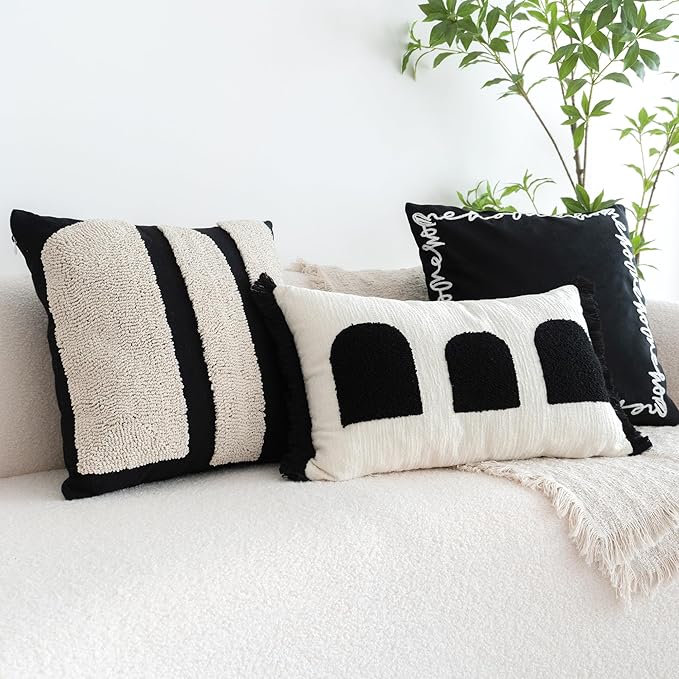 Black Cream Boho Chunky Tufted Pillow Cover, Neutral Decorative Square Throw Pillow Case, Geometric Woven Modern Sham for Bed Couch Living Room, 18x18 inches, 1PCS