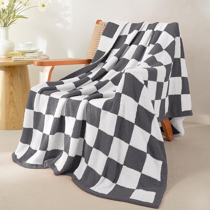 Whale Flotilla Checkered Knit Throw Blanket, Ultra Soft Warm Reversible Cozy Decorative Blankets for Couch Sofa and Bed, 50x60 Inch, Grey