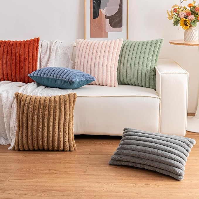 Aegero Pack of 2 Faux Fur Fall Throw Pillow Covers 16x16 Inch, Soft Plush Striped Neutral Couch Pillow Cover, with Velvet Back Modern Home Decor for Sofa Living Room Couch Bed Red