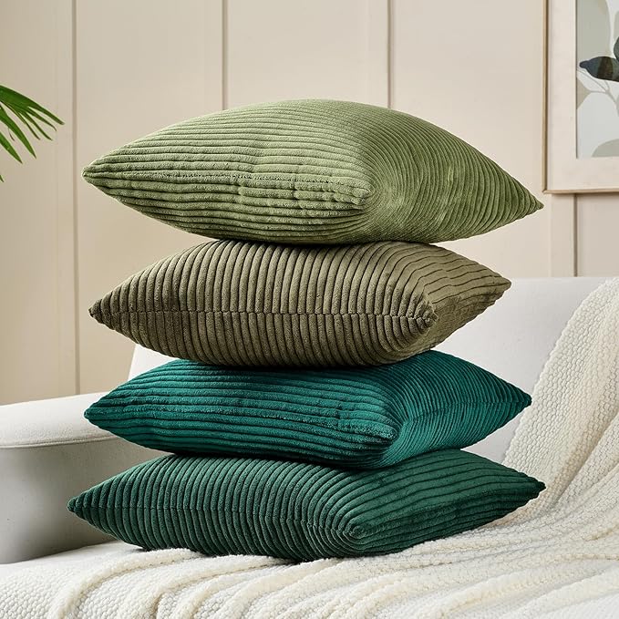 Volcanics Set of 4 Dark Green Corduroy Decorative Couch Throw Pillow Covers 18x18 Inch, Soft Modern Boho Striped Accent Cushion Cases for Home Sofa, Rustic Home Decor