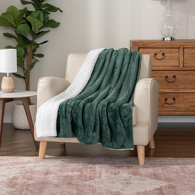 Berkshire Blanket-Sherpa Throw Blanket, Warm and Soft Loftmink Reversible Throw for Couch, Sofa and Travel, Smoke Pine, 50 in x 60 in
