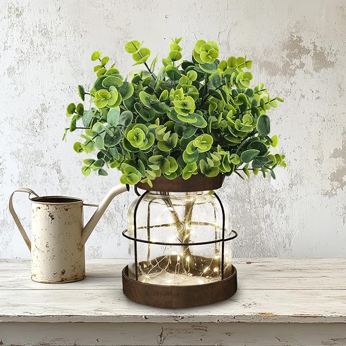Farmhouse Rustic Glass Vases Primitive Country Lantern Coffee Dining Table Centerpiece Green Fake Artificial Eucalyptus Plants with Light Home Decor for Shelf Desk Counter Kitchen Bathroom