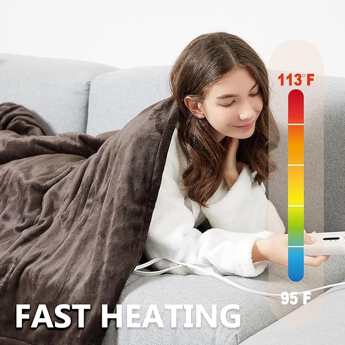 Tefici Electric Heated Blanket Throw, Super Cozy Soft 2-Layer Flannel 50" x 60" Heated Throw with 3 Heating Levels & 4 Hours Auto Off, Machine Washable, ETL&FCC Certified, Home Office Use,Brown