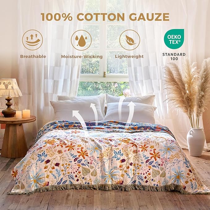 Boho Throw Blanket with Florals & Leaves Embroidery Reversible Lightweight Cotton Gauze Throws for Couch,Bed,Sofa & Chair Decor - Bohemian Living Room Accent Gift 60"x80"