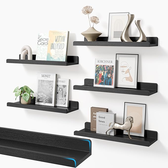 16’’Black Floating Shelves for Wall Set of 6,Rustic Wood Shelf for Room Decor/Storage/Display,Small Bookshelf,Wall Mounted Hanging Shelves for Bedroom, Bathroom, Living Room, Kitchen