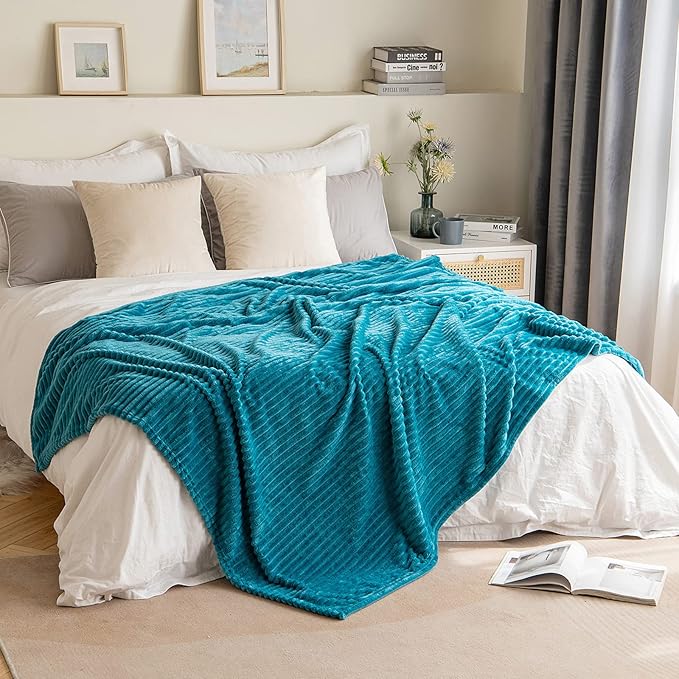 MIULEE Fleece Throw Blanket for Couch 300GSM Super Soft Lightweight Plush Striped Blanket, Teal Blue Warm Cozy Breathable Ribbed Flannel Blanket for Bed/Sofa, Twin Size 60"x80", Turquoise