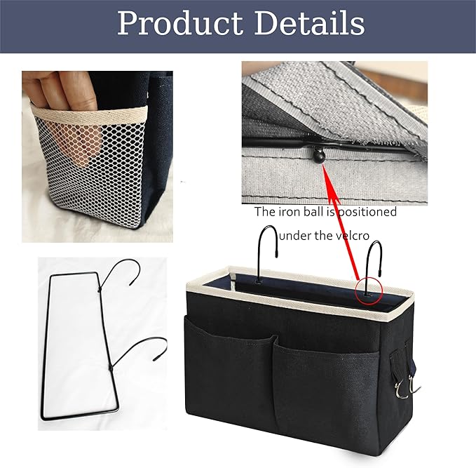 Bedside Caddy/Bedside Hanging Storage Bag Multi-Function Caddy for Bunk bed Hospital Beds Dorm Bed Rails, Holders Books Glasses Phones Magazine（2pc Black）