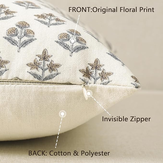 YCOLL Farmhouse Floral Print Throw Pillow Covers 18x18 Set of 2, Rustic Decorative Cushion Covers for Sofa Couch Bed Living Room, Vintage Floral Patterned Cottage Home Decor, Vintage Walnut