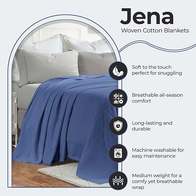 Superior JENA Cotton Blanket, for Picnic, Beach, Traveling or Camping, Bedroom Decor, Essentials, Cover for Bed, Couch, Lounging, Textured Jacquard, Modern Chevron Woven Blanket, Twin, Merritt Blue