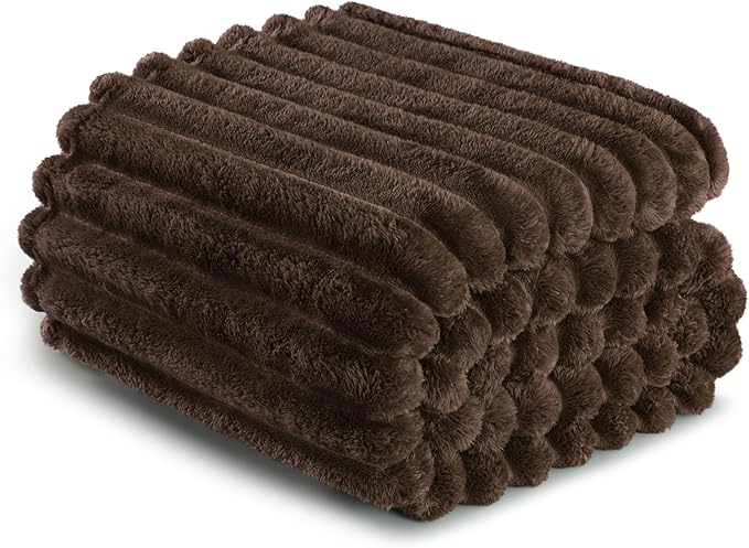 Exclusivo Mezcla Fleece Throw Blanket for Couch, Super Soft Striped Jacquard Bed Blanket, Lightweight Fuzzy Cozy for All Seasons, 50x60 Inches, Coffee