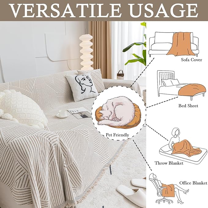 HANDONTIME Khaki Couch Cover Reversible Sofa Slipcovers Striped Sofa Towel Sofa Covers for 3 Cushion Couch Durable Couch Cover for Dogs Chenille Furniture Protector Cover with Tassel, 71" X134"