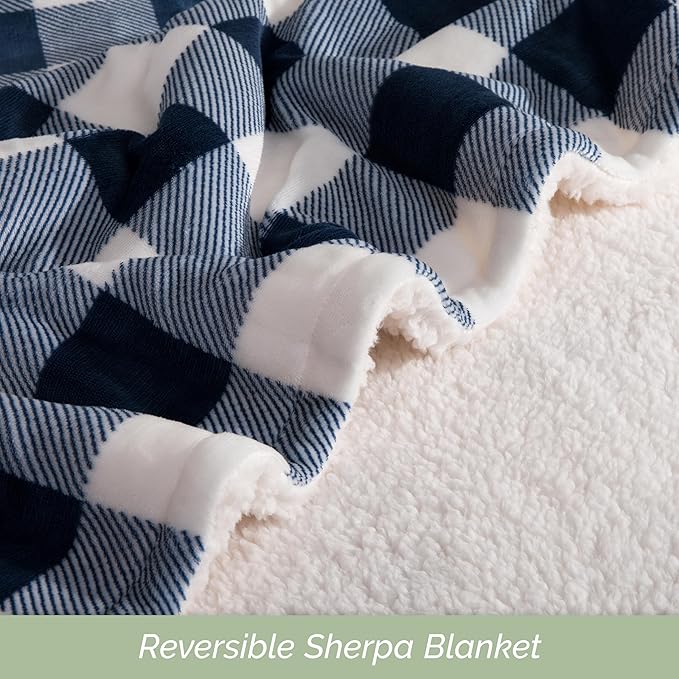Elegant Comfort Ultra Soft Reversible Buffalo Plaid Flannel Sherpa Blanket - Cozy Silky Checkered Fleece Throw for Couch, Bed - Plush Fuzzy Warm Winter Blanket for Gift, Twin XL, Navy