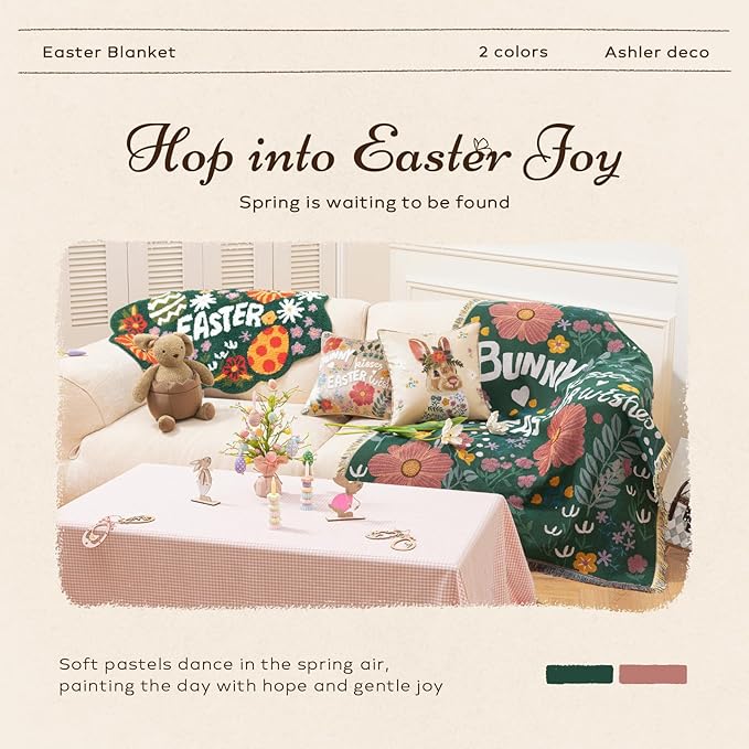 Ashler Easter Throw Blanket, Bed Tassel Blanket with Velvet Bag, Soft Breathable Blankets with Easter Flower and Letters Pattern for Couch Sofa Living Room Bedroom Decor, Deep Green, 50 x 60 Inches