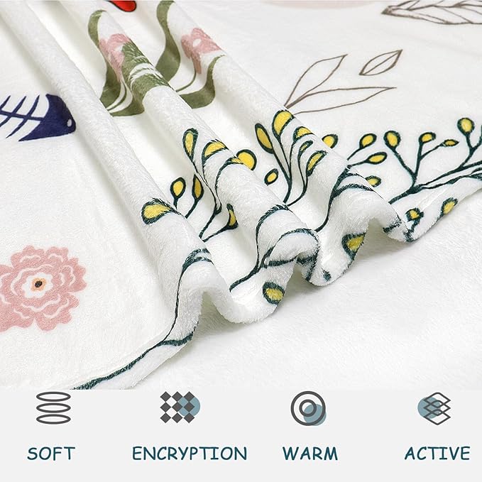 Cat Throw Blanket Floral Flower Blankets Gift for Cat Lover Throw Blanket Cats Themed Flannel Cozy Fuzzy Plush Blankets for Bed Chair Couch 50" X 60"