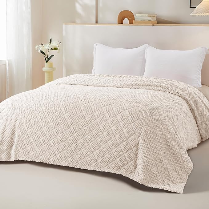Whale Flotilla Fuzzy Fleece Queen Size Blanket for Bed, Soft Fluffy Jacquard Waffle Blankets for All Season, Lightweight and Warm, 90x90 Inch, Ivory