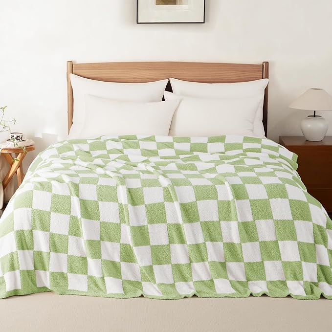 Whale Flotilla Checkered Knit Blanket Queen Size, Ultra Soft Warm Reversible Cozy Decorative Blankets for Couch Sofa and Bed, 90x90 Inch, Light Green