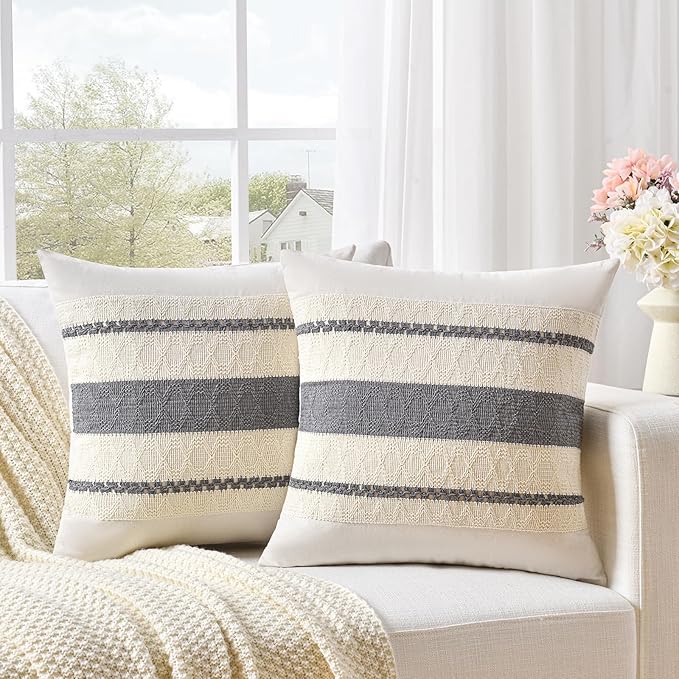 Fancy Homi Set of 2 Neutral Grey Farmhouse Decorative Throw Pillow Covers 16x16 Inch for Couch Bed Chair Indoors, Vintage Country Rustic Retro Room Decor, Soft Thick Cotton Handmade Woven Cushion Case