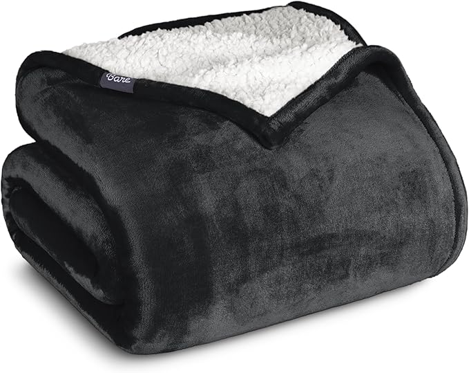Bare Home Sherpa Fleece Blanket - King Size - Blanket for Bed, Sofa, and Couch - Warm & Lightweight - Fluffy & Soft - Reversible (King, Black)