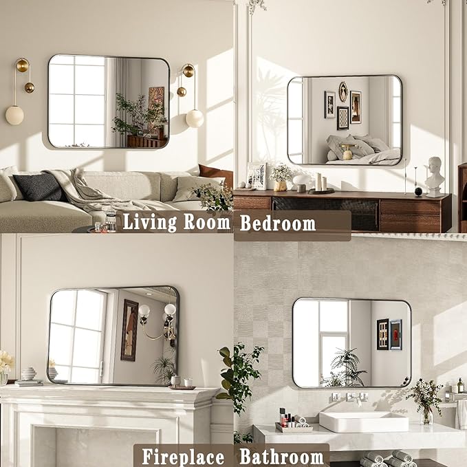 26x38 Inch Bathroom Mirror - Wall Mounted Vanity Mirror with Round Corner Aluminum Alloy Frame, Hanging Horizontally Vertically for Living Room, Bedroom, Hallway as Home Decor, Black