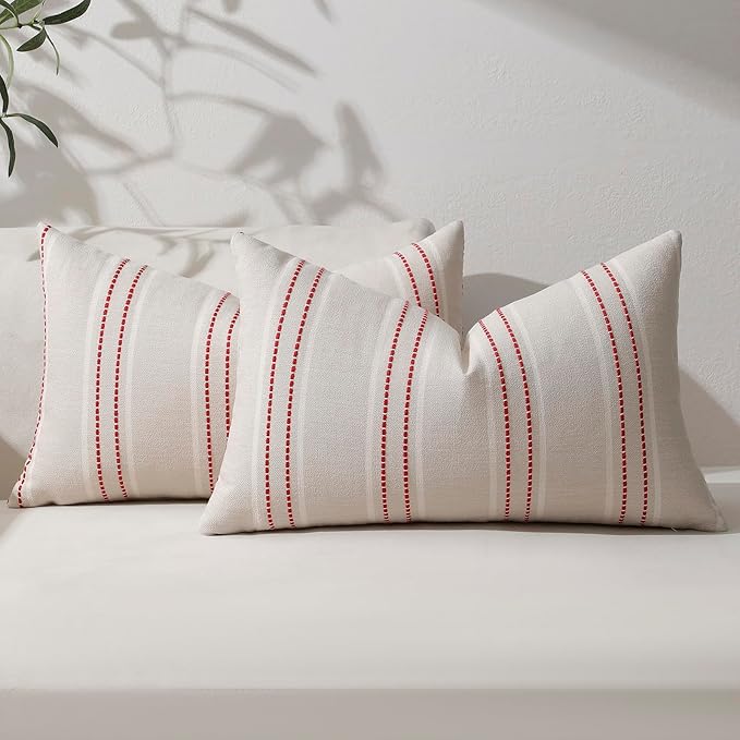 Hckot Christmas Throw Pillow Covers 12x20 Red Pillow Covers Striped Xmas Decorations Pillows Lumbar Farmhouse Cushion Covers Winter Holiday Decor for Sofa Living Room (Red)