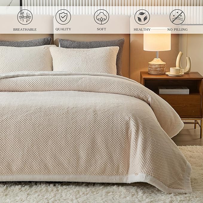Luxury Flannel Fleece Sherpa Blankets Twin Size for Bed, Jacquard Boho 3-Layer Thick and Warm Blanket for Winter, Soft Cozy Fuzzy Plush Velvet Blanket with 2 Pillow Cases, Beige, 68x86 Inches