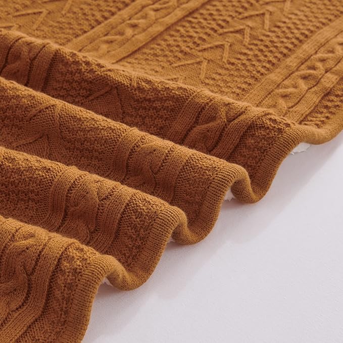 Longhui bedding Burnt Orange 50 x 63 Inches Acrylic Cable Knit Sherpa Throw Blanket - Thick, Soft, Big, Cozy Knitted Fleece Blankets for Couch, Sofa, Bed - Large Coverlet All Season