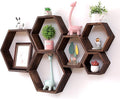 WONFUlity Hexagon Floating Shelves Honeycomb Shelves Wall Mounted Wood Farmhouse Storage Wall Shelf for Bathroom, Kitchen, Bedroom, Living Room,Driftwood Finish Decor,Dark Brwon