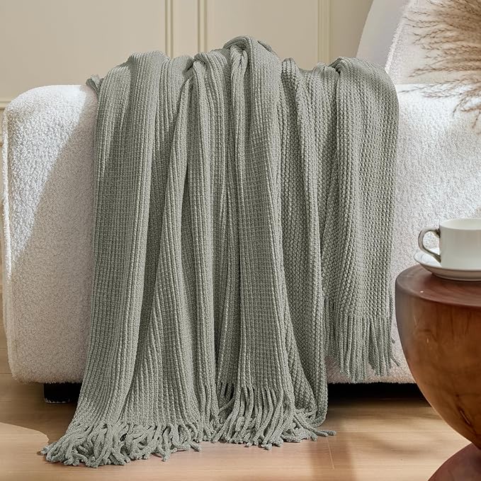 inhand Throw Blanket for Couch Bed,Chunky Chenille Woven Soft Blankets with Tassels,Cozy Boho Farmhouse Fall Winter Decor,Warm for Women,50"x60",Extra Thick-Light Grey
