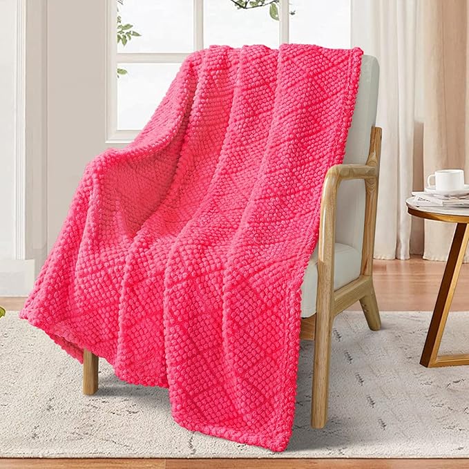 Whale Flotilla Fuzzy Fleece Throw Blanket for Couch, Bed, Soft Fluffy Jacquard Waffle Blankets for All Season, Lightweight and Warm, 50x60 Inch, Hot Pink