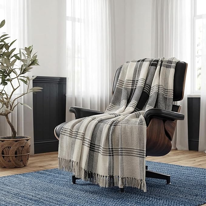 Americanflat 50x60 Throw Blanket - Soft and Breathable Cotton Throw Blanket for Couch, Bed, Chair - Decorative Blankets Perfect for Home, Office, or Outdoor Use - Black and Beige Plaid Design