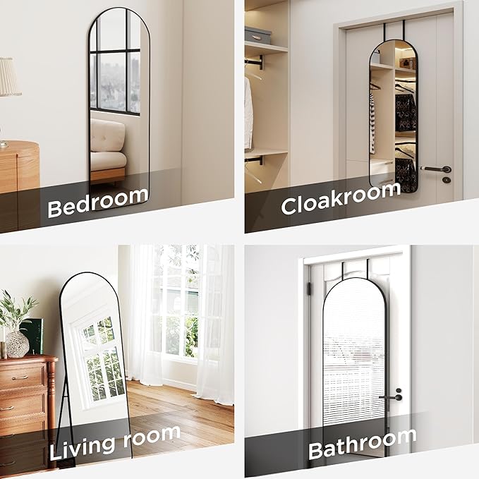 57x20 Door Hanging Full Length Mirror, Floor (Height 5.7ft just Body in1.3ft) or Wall Mounted Metal Frame Arch Dressing Mirrors for Bedroom Bathroom Living Room 57 20 inch Black