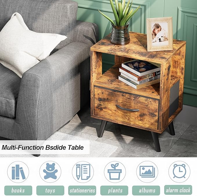 Night Stand, Brown Nightstand with Drawer, Side Table with Open Storage, 2-Tier Modern End Table, Bedside Table for Small Space, Living Room, Bedroom