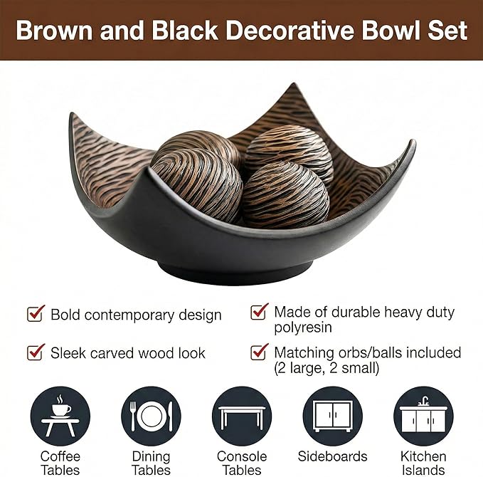 Seraphic 5pc Large Decorative Scoop Bowl Set with Stylish Orbs/Balls – Elegant Centerpiece for Dining/Kitchen Table, Living Room, or Office Decor, 14" diagonal. 11" wide and 5.75" tall, Brown