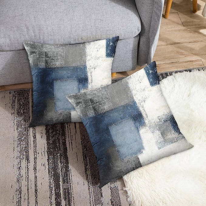 Britimes Throw Pillow Covers Modern Home Art Decor, 20 x 20 Inches Set of 2 Pillow Cases Decorative, Abstract Oil Painting Pillowcases for Bedroom, Living Room, Cushion Couch Sofa, Navy Blue White