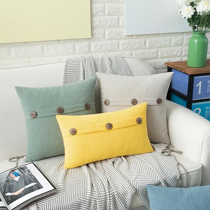 HWY 50 Cream White Chenille Throw Pillow Covers 16x16 Inch with Triple Buttons, Soft Farmhouse Accent Decorative Cushion Cases for Couch Sofa Bed Bedroom Pack of 2