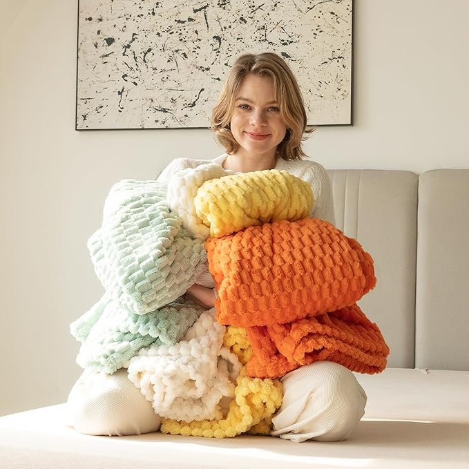 Super Soft Fleece King Size Blanket 90x90 Inches for Bed, Premium Silky with 3D Imitation Turtle Shell Jacquard Decorative Blankets, Lightweight and Cozy for Living Room.Yellow
