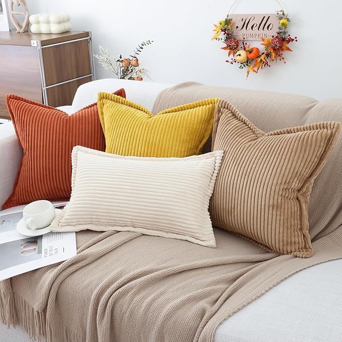 Mecatny Corduroy Fall Throw Pillow Covers 18x18 Set of 2, Neutral Decorative Soft Burnt Orange Boho Couch Pillow Covers with Broadside for Sofa Living Room, Rust