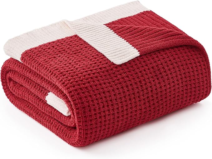 Amélie Home Chenille Waffle Throw Blanket for Couch, Soft Cozy Knit Blanket Warm Decorative Throw for Sofa, 50"x60", Christmas Red